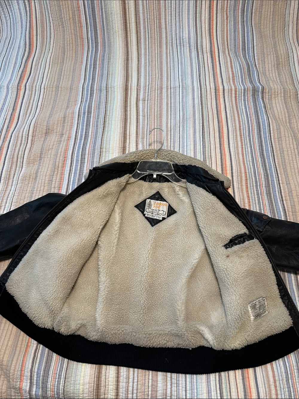 Vintage 1980’s Boys London Fog Black Real Leather Bomber Jacket Sherpa Collar - Picture 7 of 16